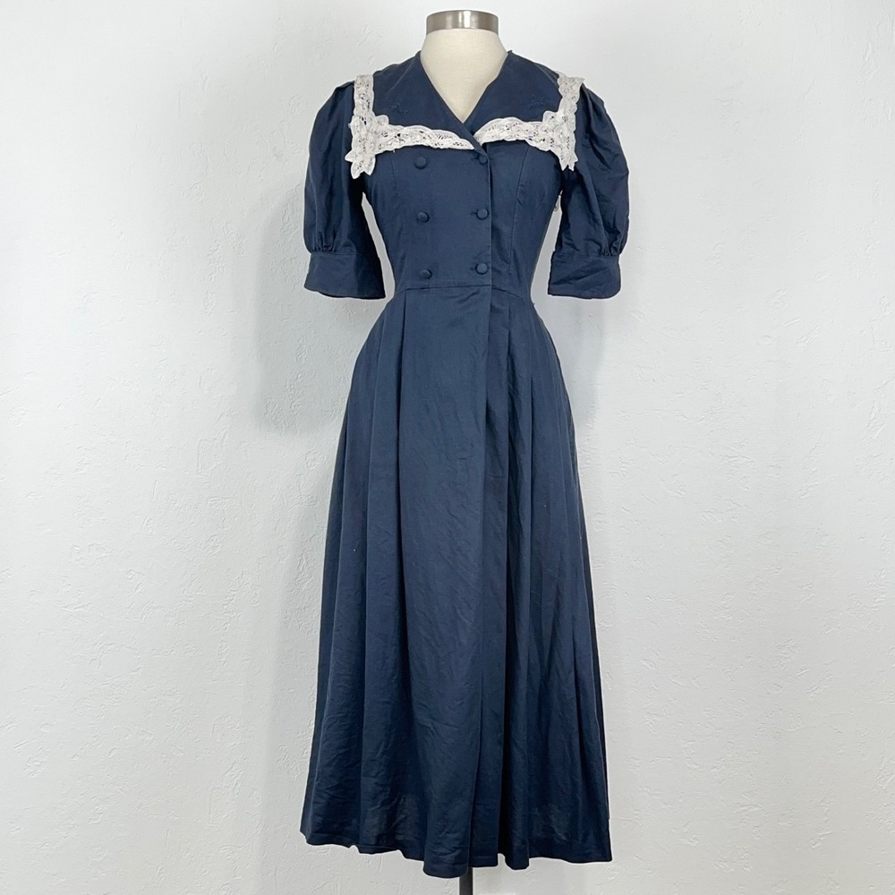 Vintage Laura Ashley Nautical Double Breasted Midi Dress 6 Lace Sailor Collar